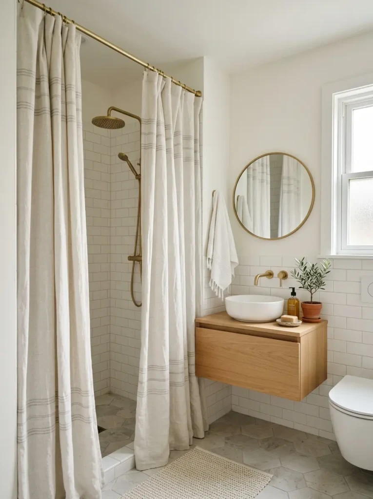 Neutral linen shower curtain hung high in a small bathroom to create height and a clean minimal aesthetic