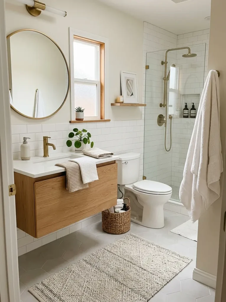 Small bathroom with a soft rug or wooden bath mat adding warmth and texture without renovation