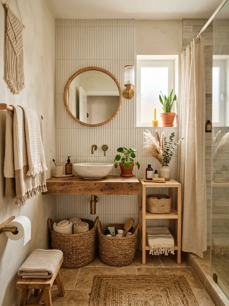 Small bathroom featuring woven baskets, ribbed tiles, and soft linen towels adding warmth and texture