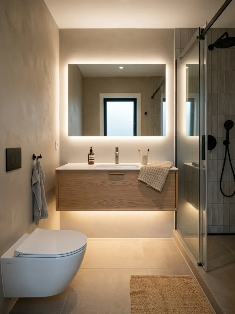 Small bathroom with wall-mounted floating vanity and open floor space enhancing a clean and airy look