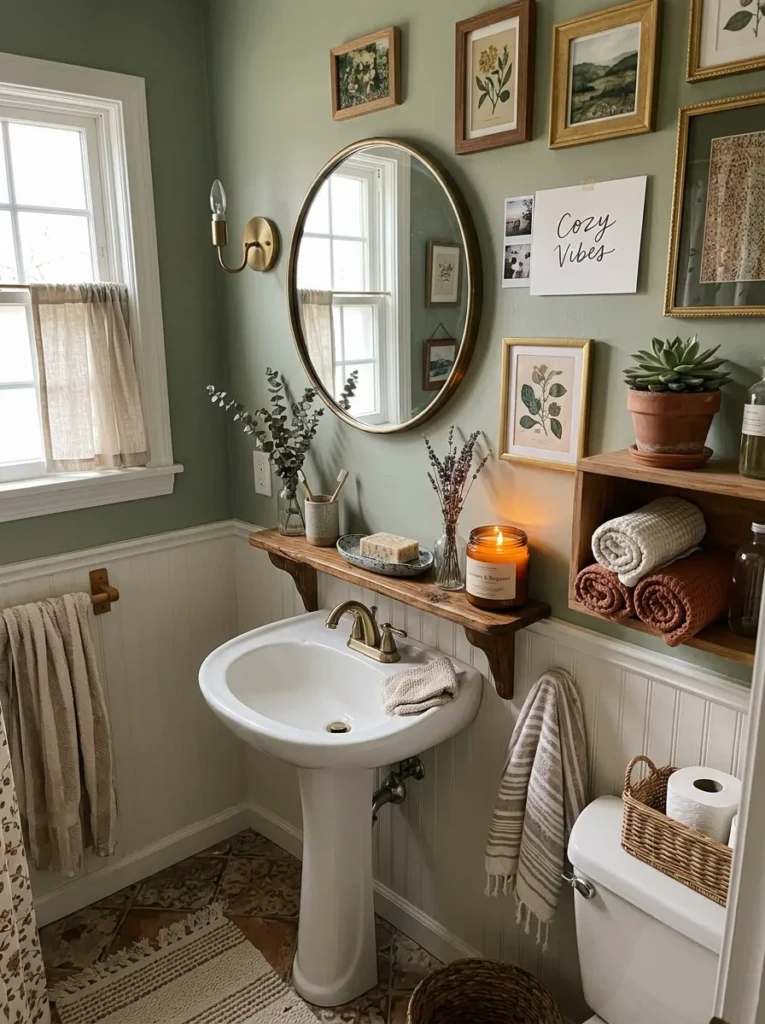 Small bathroom styled with framed artwork, candles, and unique accessories adding personality and warmth