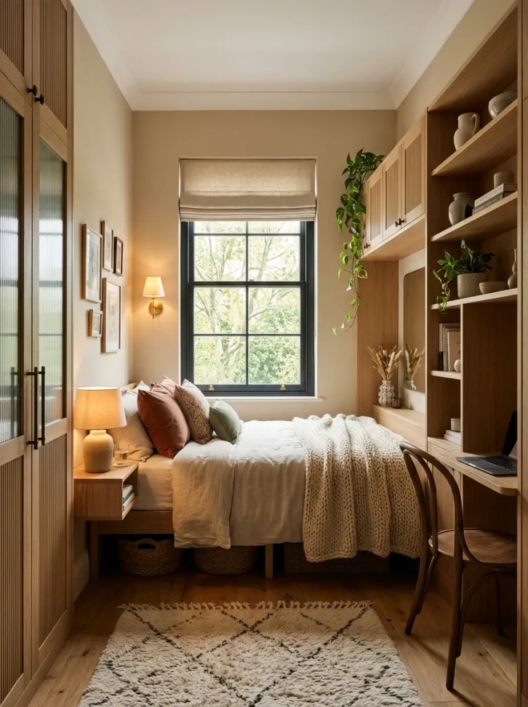 A finished small bedroom design with cozy textiles, elegant storage, warm lighting, and spacious flow.
