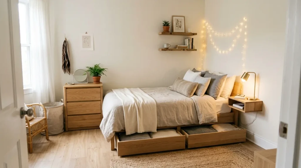 Small bedroom layout with bed against wall, floating shelves, under-bed storage, neutral bedding, and fairy lights for a spacious cozy look.