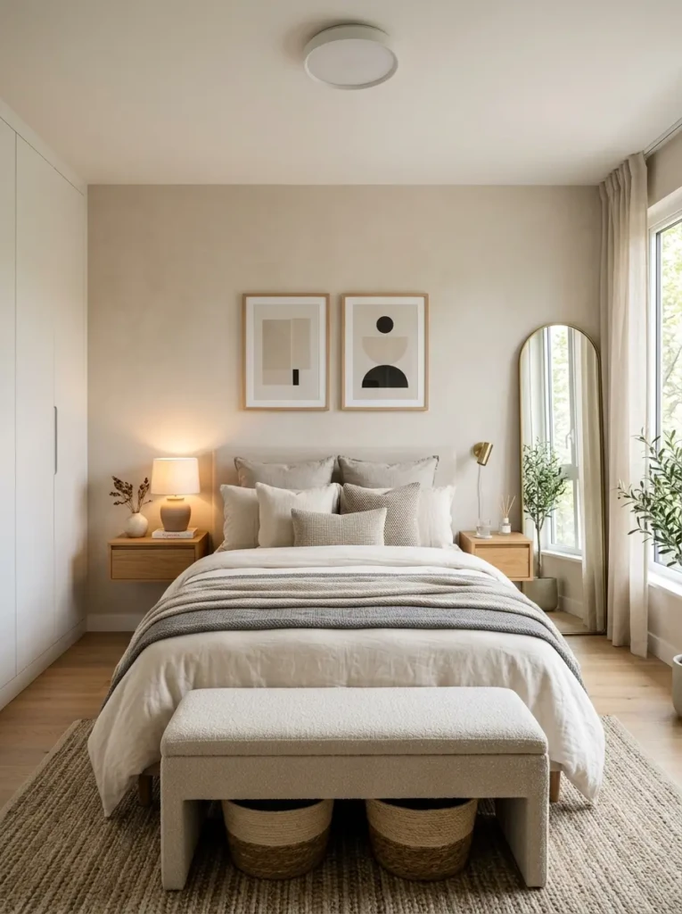 A stylish small bedroom with neutral decor, cozy bedding, floating nightstands, warm lighting, and smart storage.