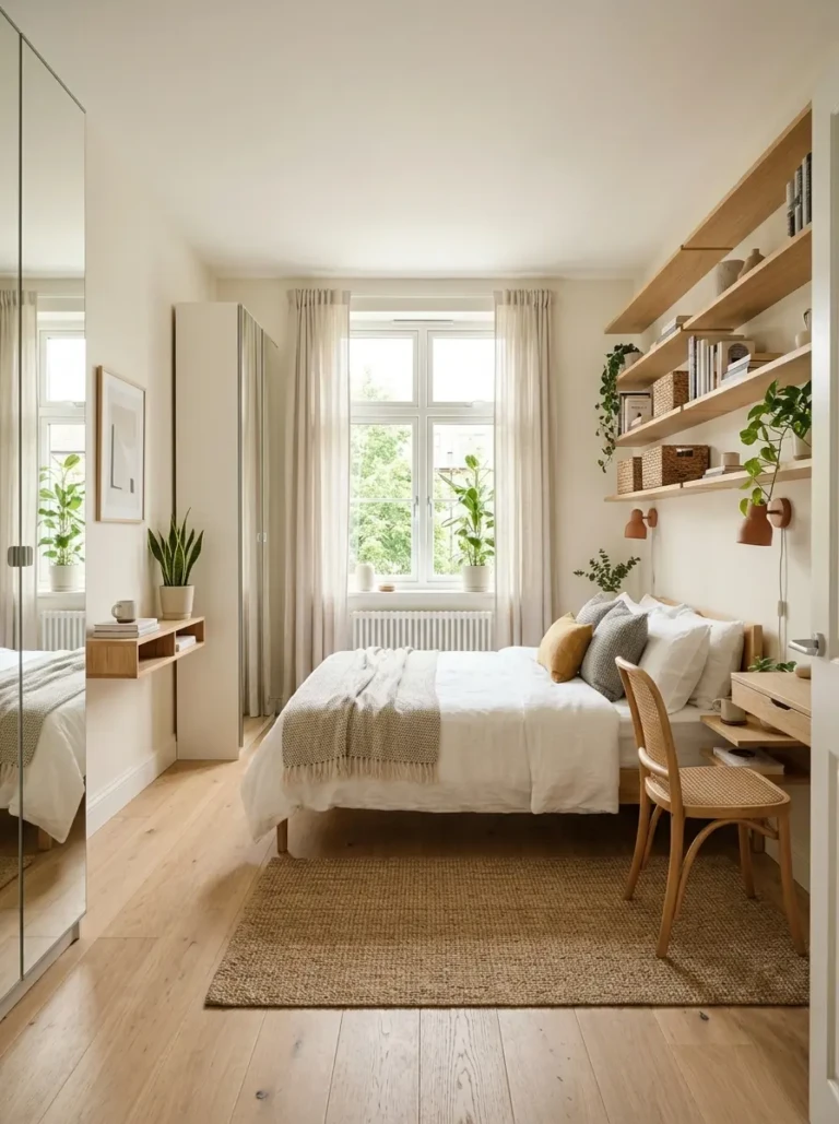 A compact bedroom layout with the bed against the main wall and clear walking space for better flow.