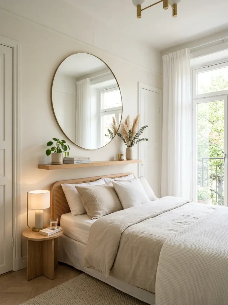 Rounded mirror on floating shelf helping a small bedroom feel brighter and more spacious.