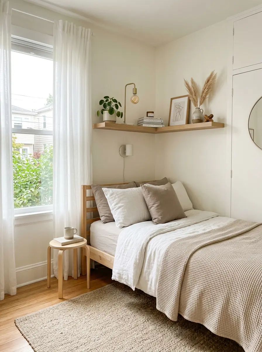 Small airy bedroom using floating shelves for stylish storage and charming decor without taking floor space.