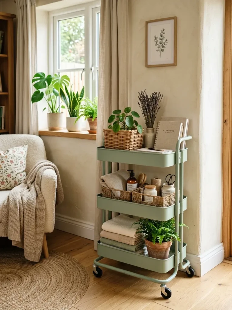 A small rolling cart styled with baskets, plants, and neatly arranged items in a cozy, well-lit corner.