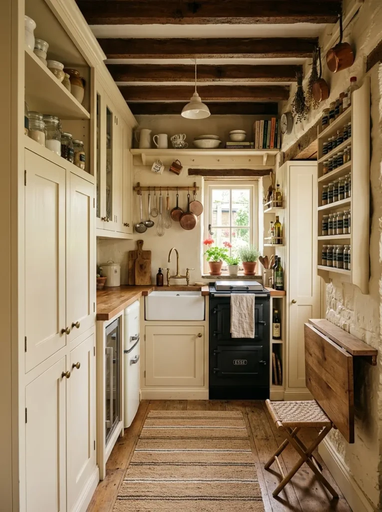 A mini farmhouse kitchen with vertical cabinets, foldable table, and hanging storage solutions.
