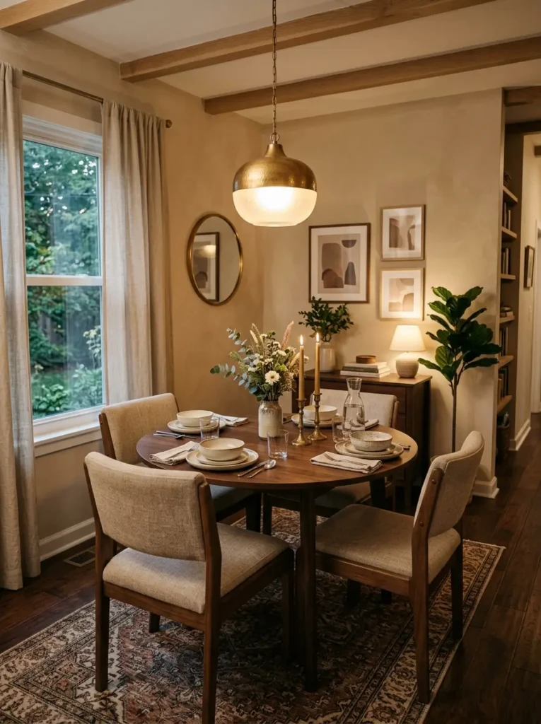 A complete small dining room setup with balanced decor, soft lighting, and a welcoming feel.