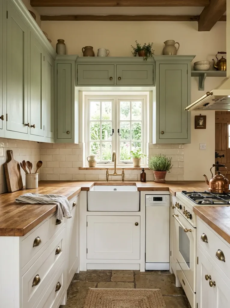White and sage shaker cabinets with brass handles in a compact farmhouse kitchen.