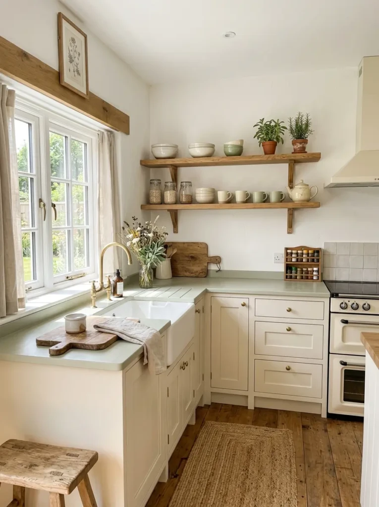 Small farmhouse kitchen in white and cream tones with pale sage accents and oak shelves creating a bright open look.
