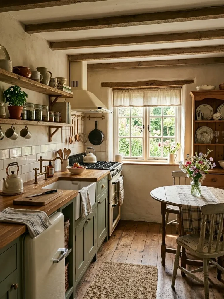 Finished small farmhouse kitchen design with warm rustic charm and highly functional layout.