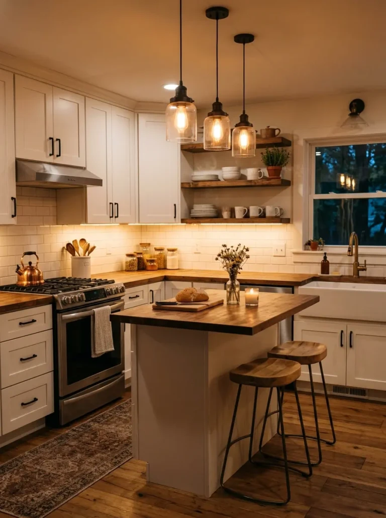 Cozy evening lighting in a small modern farmhouse kitchen with pendant and under-cabinet lights.