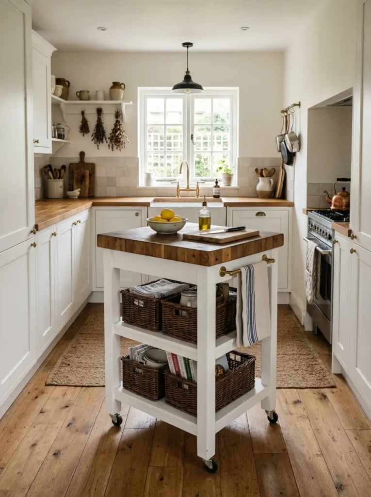 A slim white farmhouse kitchen island with butcher block top and basket storage in a small bright kitchen.