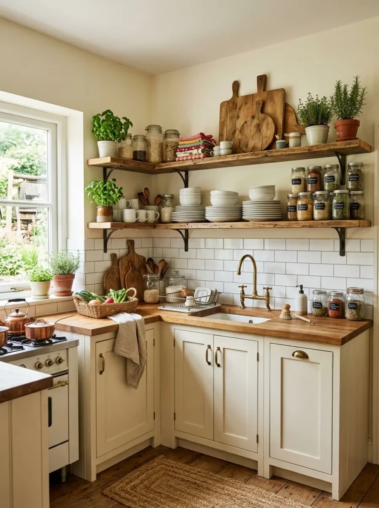Wooden open shelves holding white dishes, jars, cutting boards, and herbs in a compact farmhouse kitchen.