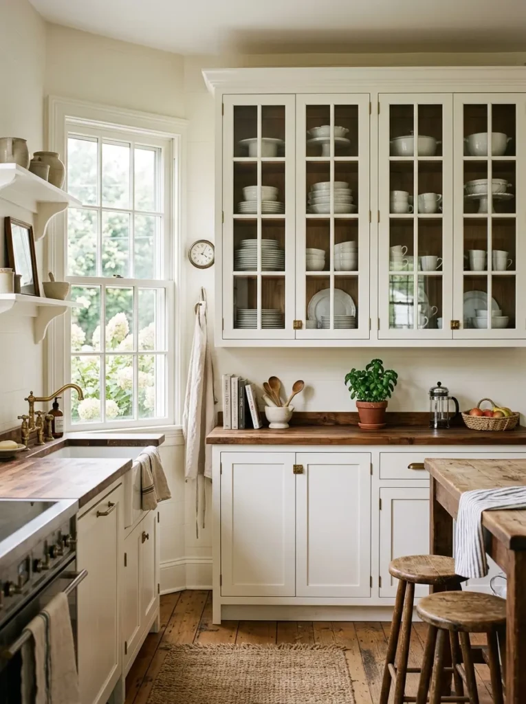 Small farmhouse kitchen with glass-front cabinets displaying white dishes.