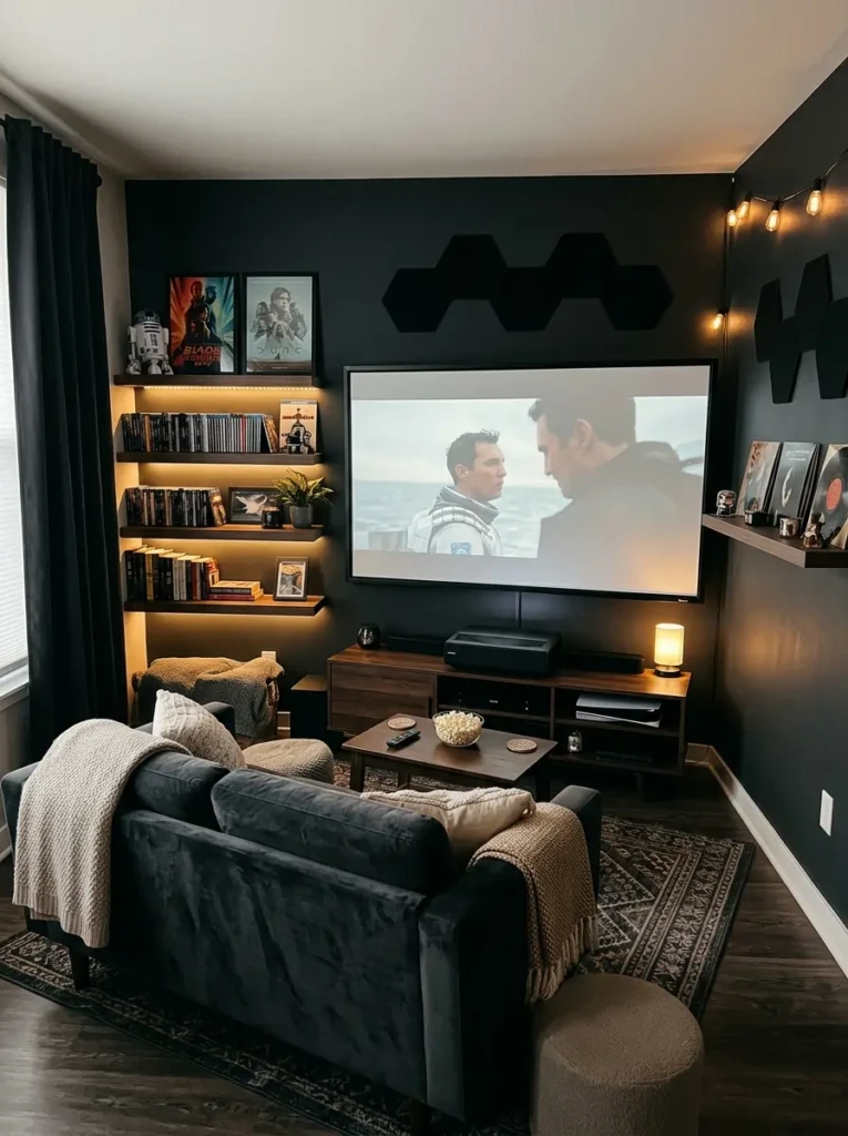 Small home theater setup in a compact room with loveseat seating, short throw projector, and cozy dark walls.