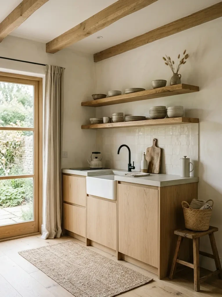 Minimal small farmhouse kitchen with Japandi wood cabinets, neutral tones, clean counters, and natural textures.