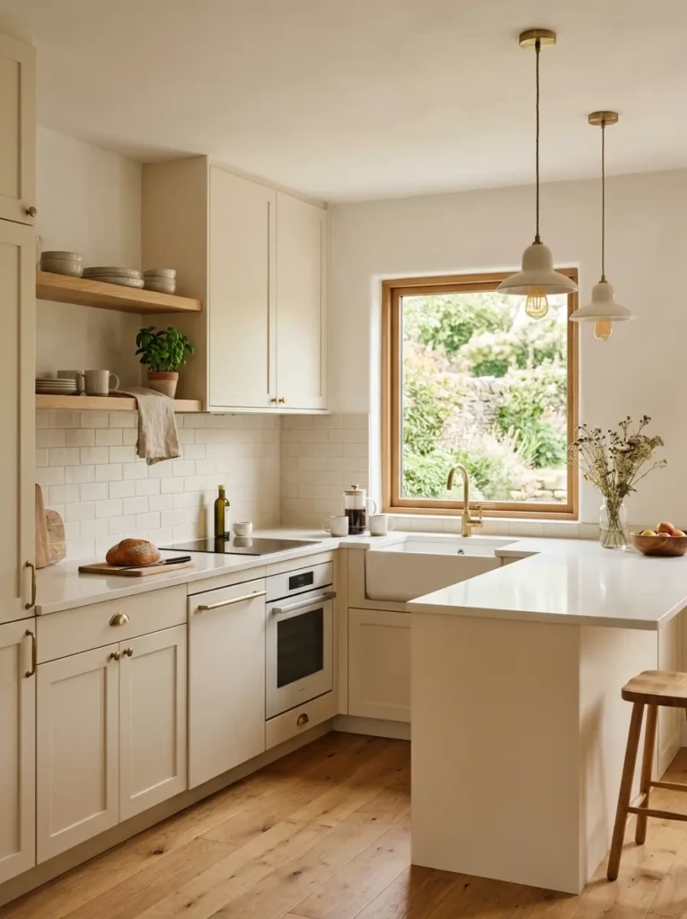 Minimalist small kitchen with neutral palette, oak accents, and farmhouse-modern decor.