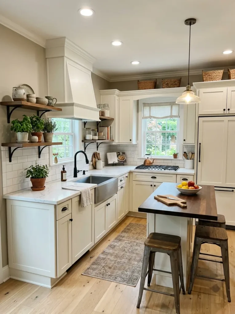 Compact farmhouse kitchen remodel with fresh cabinets, upgraded faucet, and brighter lighting.