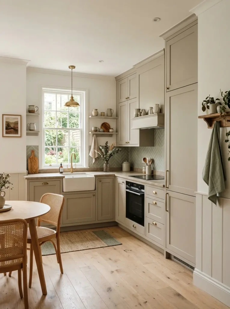 Small kitchen in warm white and greige neutral tones with farmhouse-modern design.