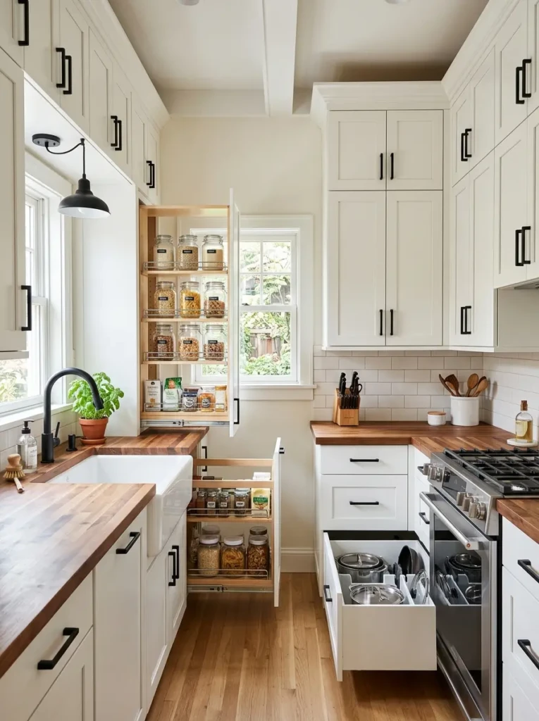 Ceiling-height white shaker cabinets with hidden storage in a modern farmhouse kitchen.