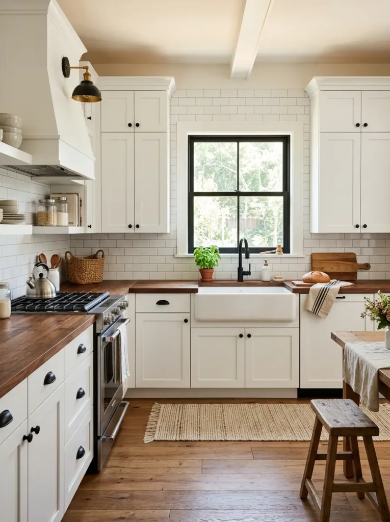 Small farmhouse-modern kitchen with white cabinets and natural wood countertops.