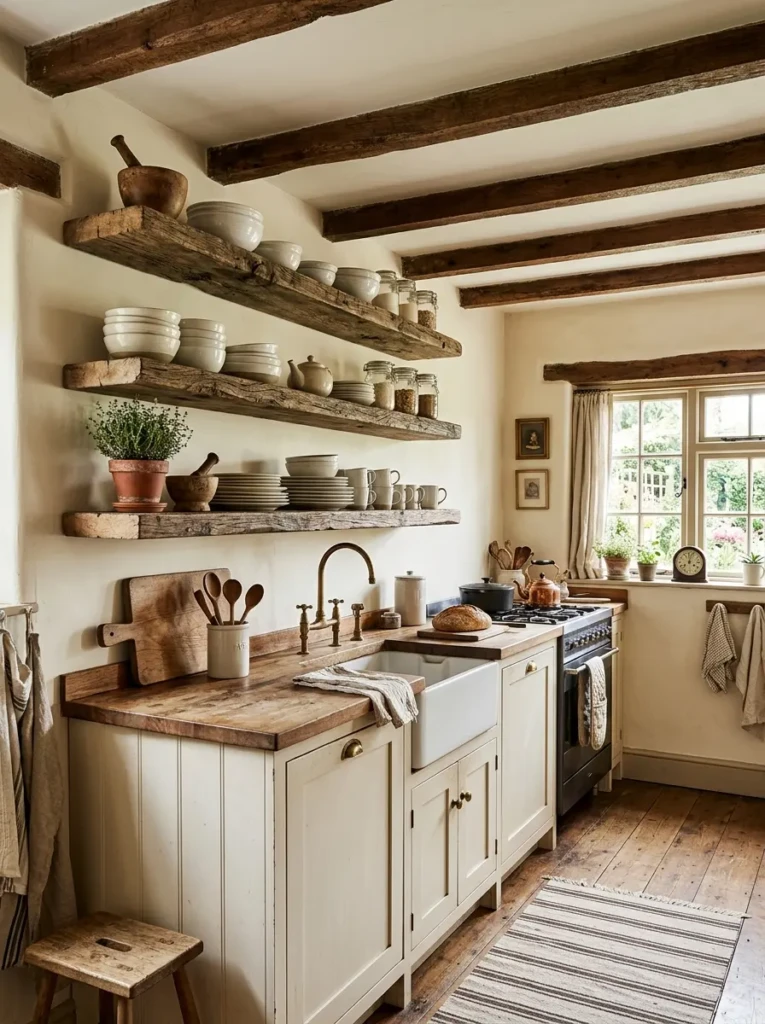 Small farmhouse kitchen with reclaimed barn wood floating shelves, white dishes, warm beams, and creamy cabinets.