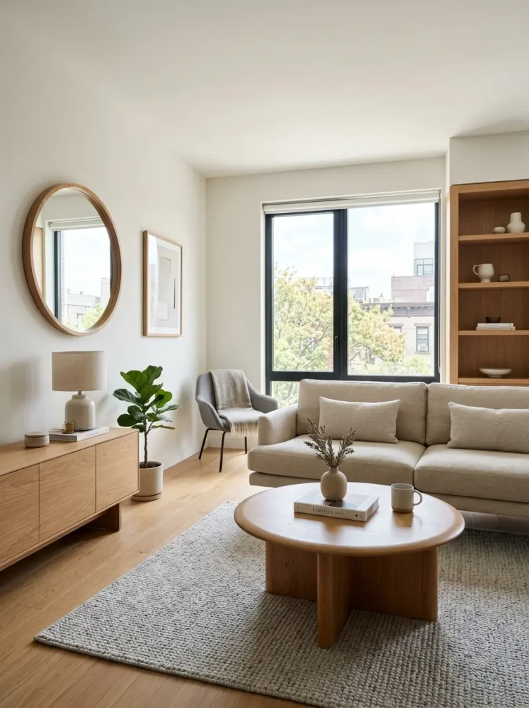 A modern small living room with matching shapes, clean lines, minimal decor, and cohesive furniture finishes.