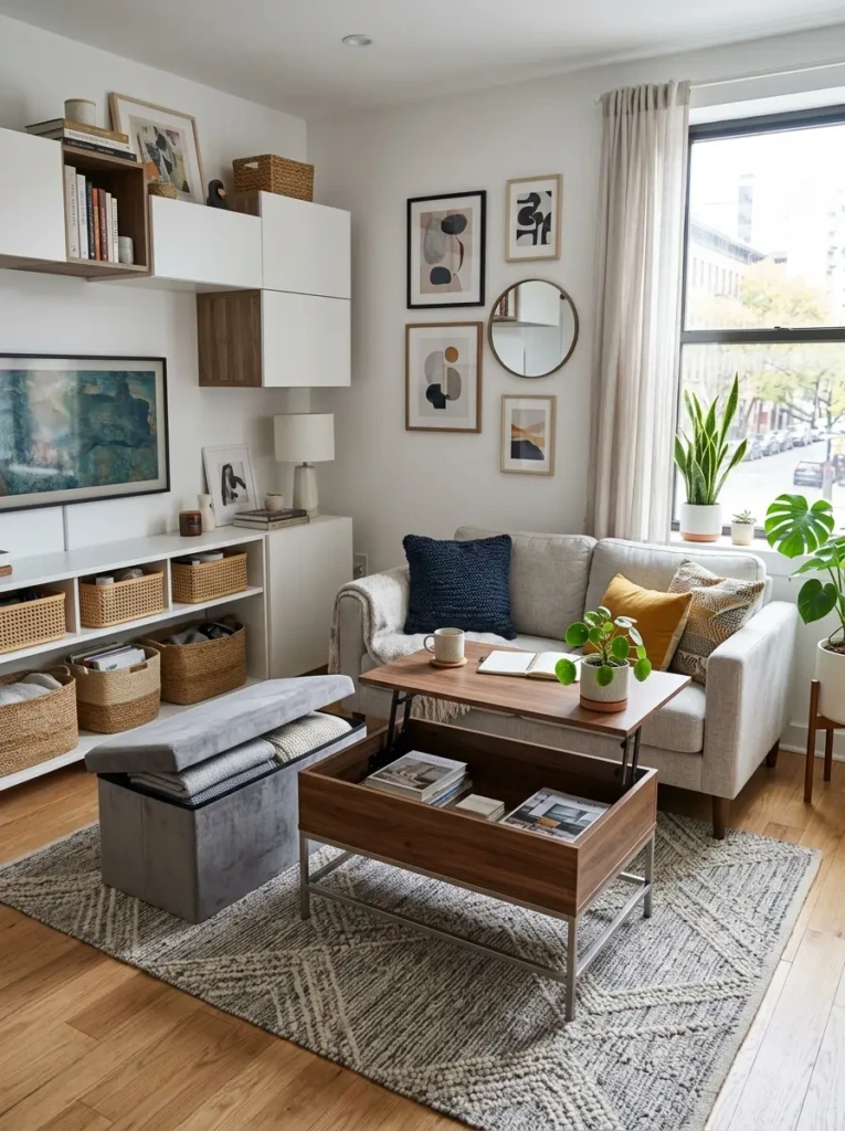 A clutter-free small living room with storage ottoman, lift-top coffee table, and wall-mounted cabinets.