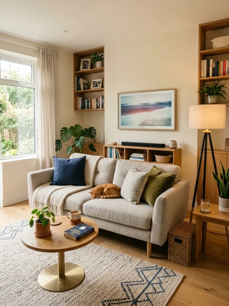 A cozy small living room with a sofa, coffee table, lamp, and TV arranged for comfortable daily use.