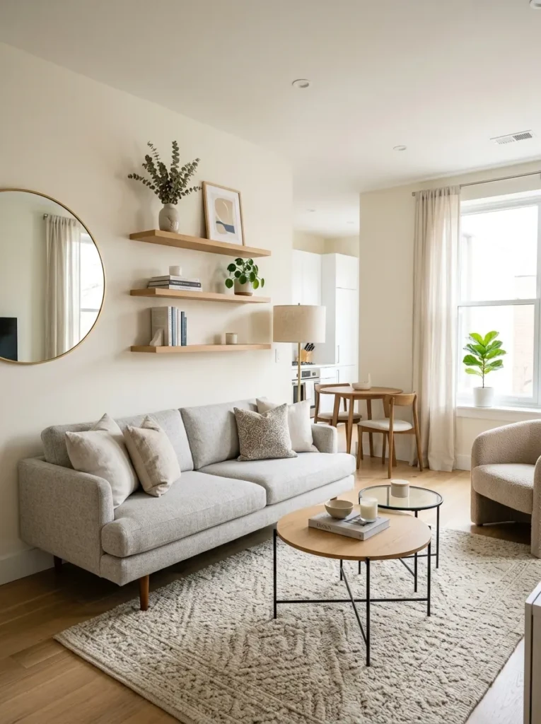 Compact open living room with slim furniture, nesting tables, mirrors, and soft neutral decor.