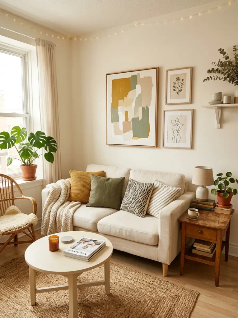 Affordable stylish small living room with DIY wall art, thrifted tables, cushions, and cozy neutral decor.