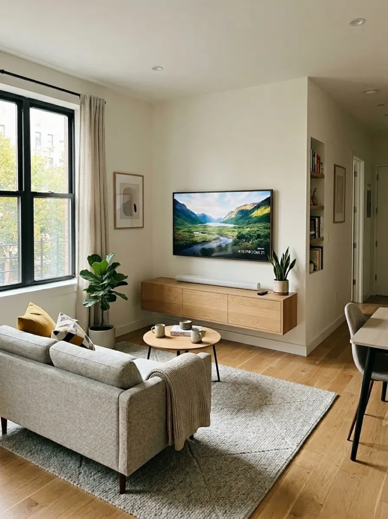 A modern small living room with wall-mounted TV, floating media console, and compact sofa seating.