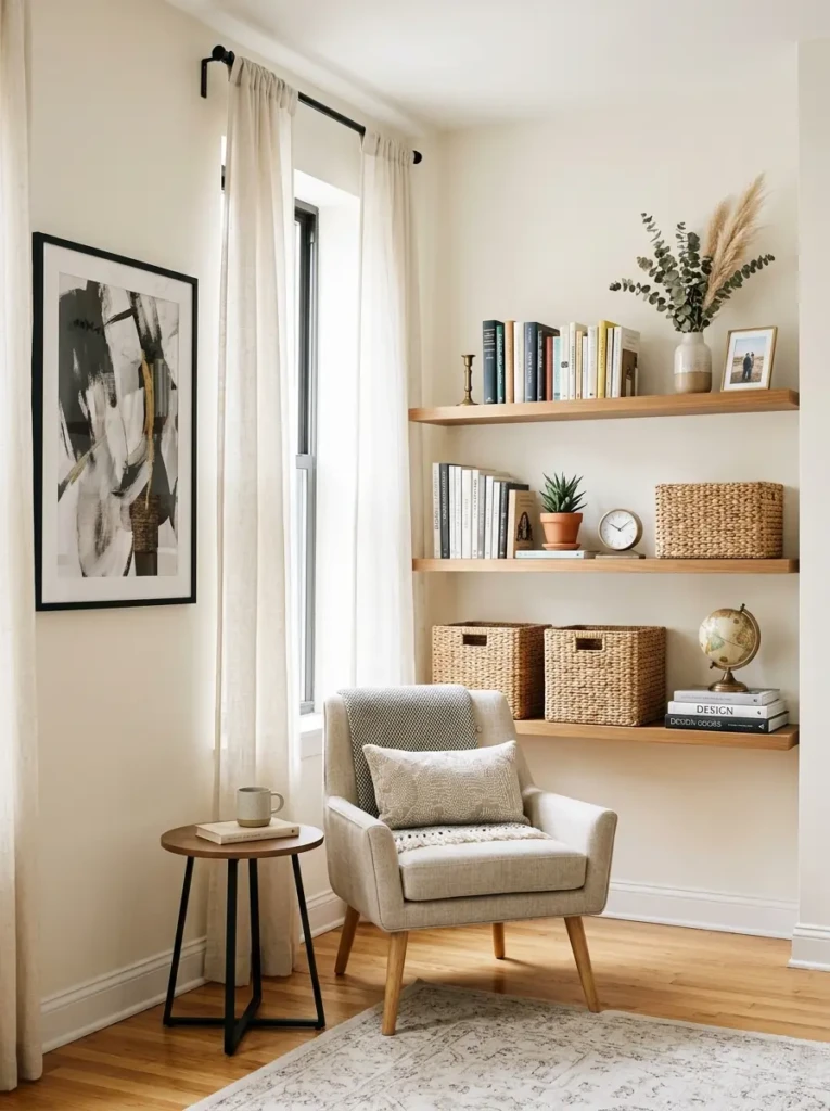 A polished small living room with styled shelves, woven baskets, high curtains, and clutter-free surfaces.