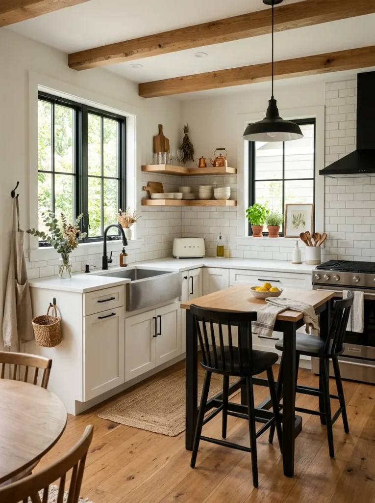 Bright and timeless small modern farmhouse kitchen with wood shelves, white cabinets, and black accents.