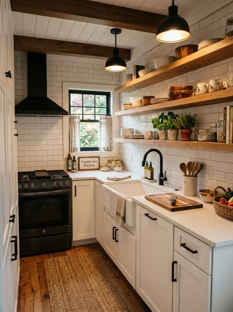 Fully remodeled small farmhouse-modern kitchen with white cabinets, wood textures, and cozy lighting.