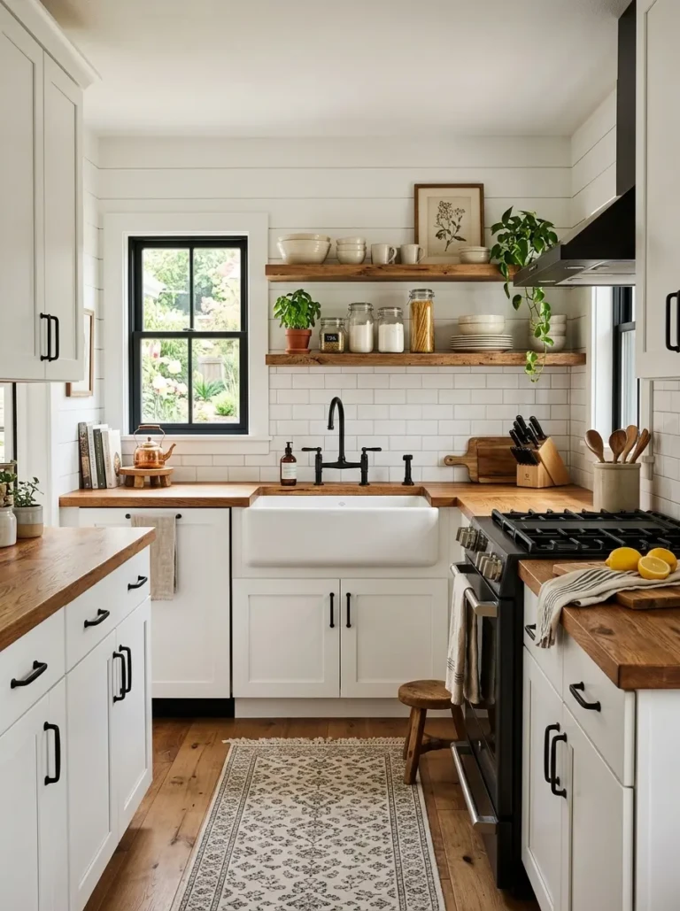 Bright small modern farmhouse kitchen with white shaker cabinets, wood countertops, open shelving, and black fixtures.
