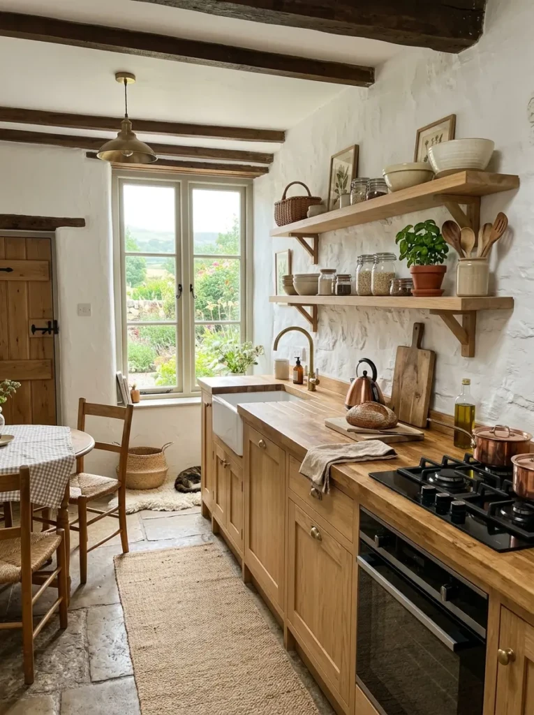 A compact cottage kitchen with modern oak shelves, butcher block countertops, and soft natural lighting.