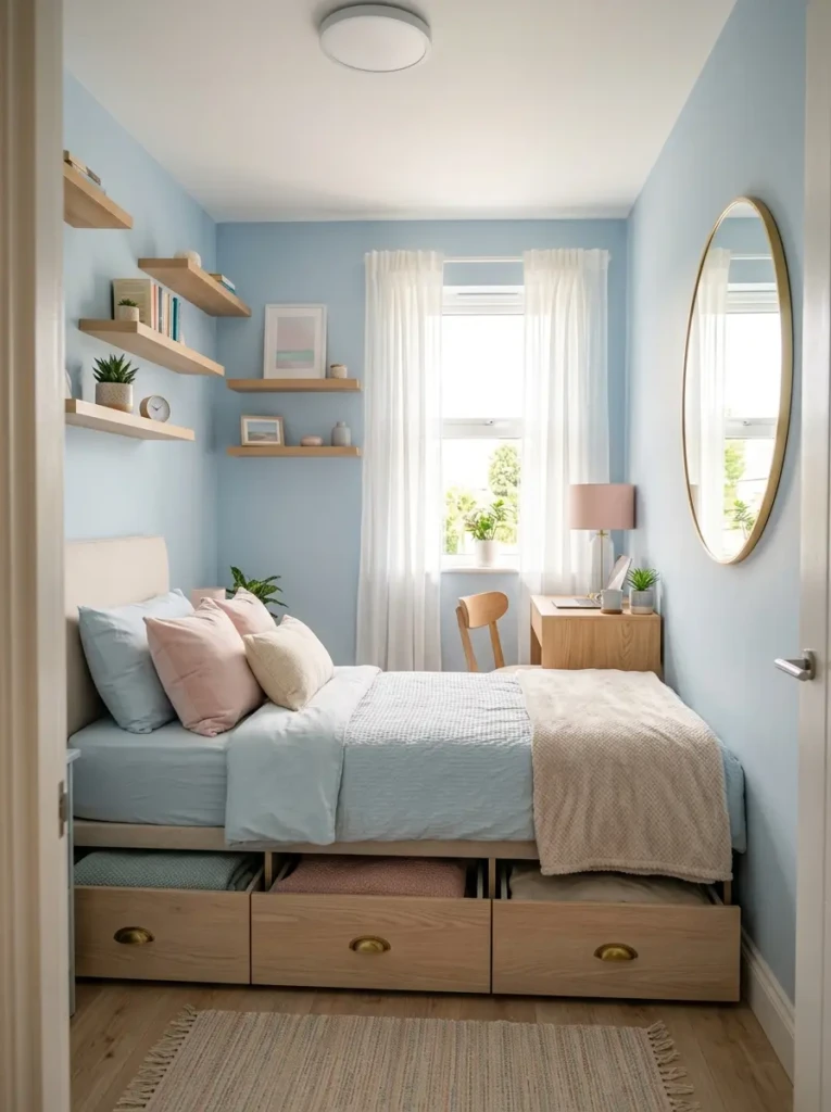 Small pastel bedroom with wall shelves, mirror, under-bed storage, and pale blue tones for a spacious feel.