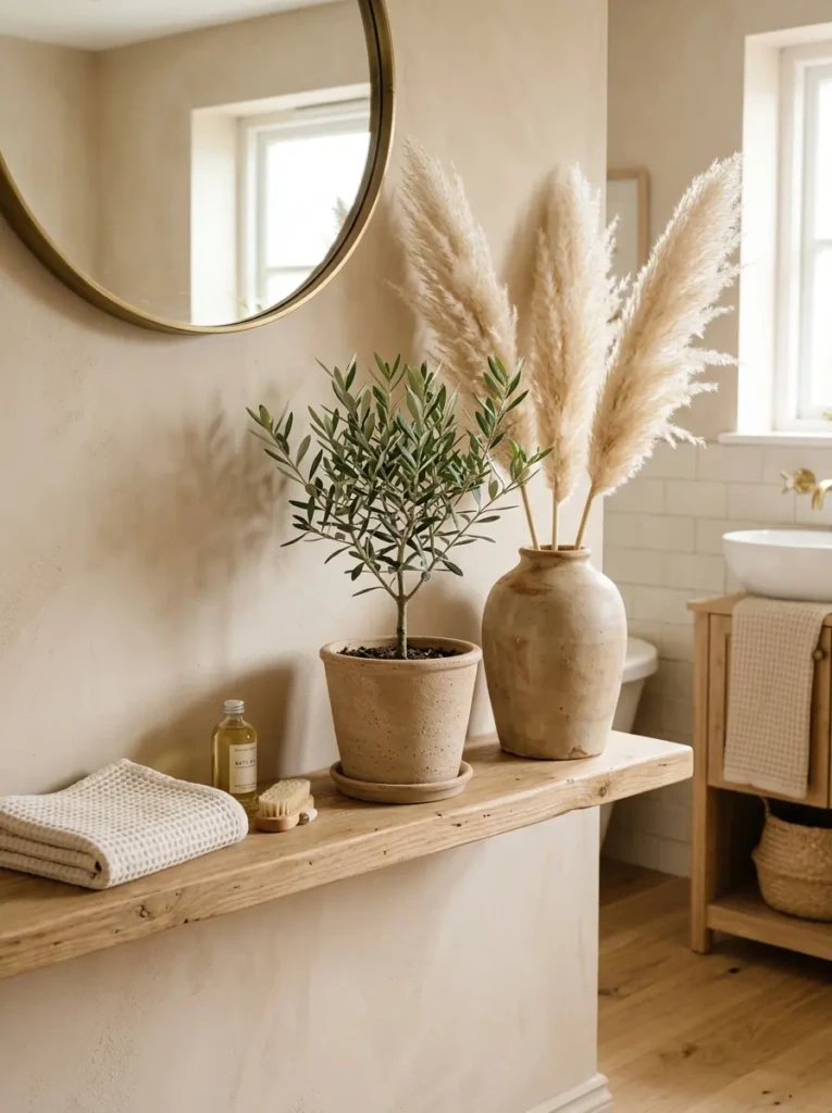 Small olive plant and pampas grass styled against beige walls in a cozy neutral bathroom.