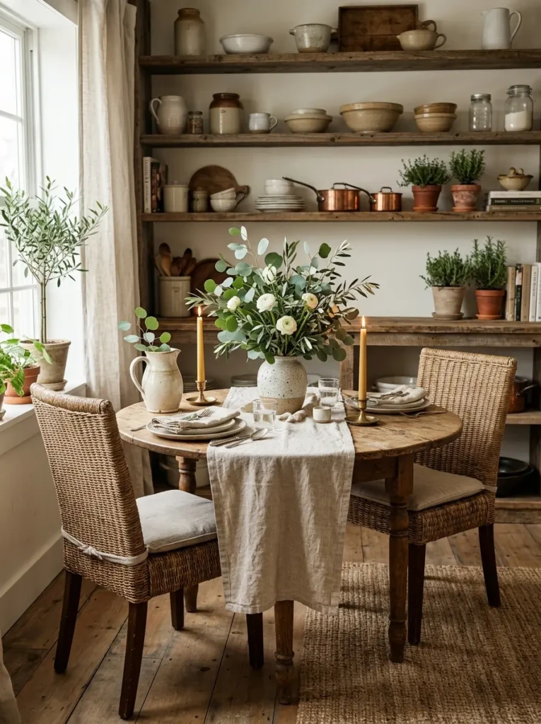 Small round farmhouse kitchen table styled with candles, eucalyptus, ceramic pitcher, and linen runner.