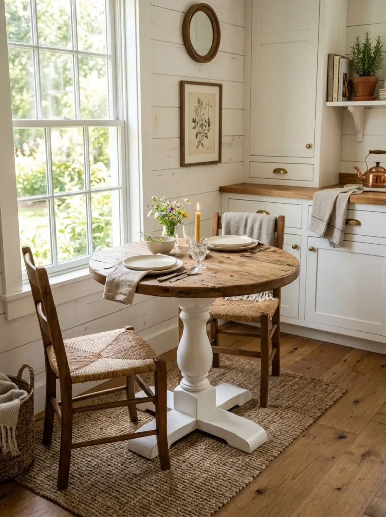 Small farmhouse kitchen corner with a round pedestal table, white base, wood top, and comfortable seating.