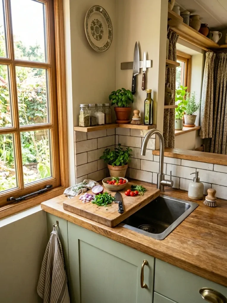 Small farmhouse sink with fitted cutting board cover maximizing workspace in a compact kitchen.