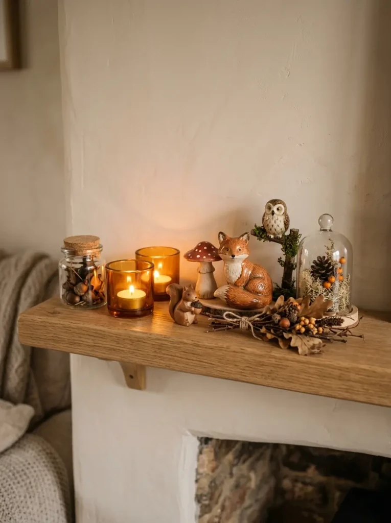 Small whimsical woodland decor pieces styled intentionally with candles on an elegant fall shelf.
