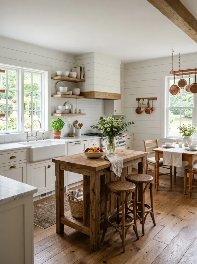 A beautifully balanced small white farmhouse kitchen with warm wood accents, open shelving, island, and cozy dining space.