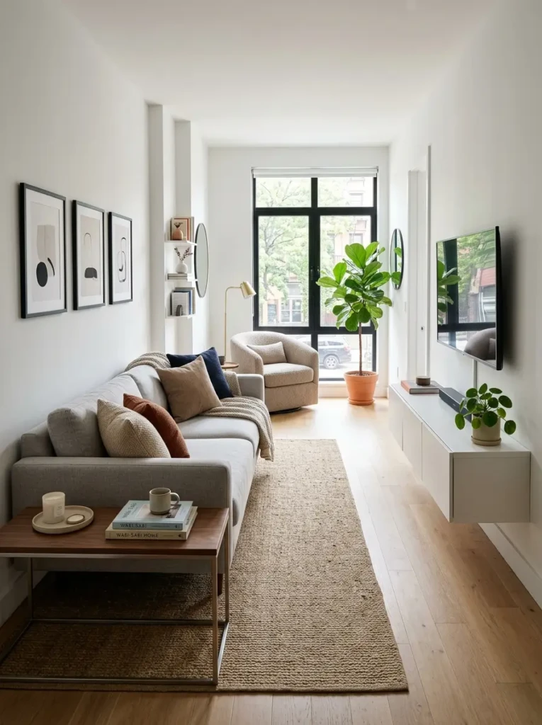 Long narrow living room with sofa along wall, slim coffee table, and clear walking path.