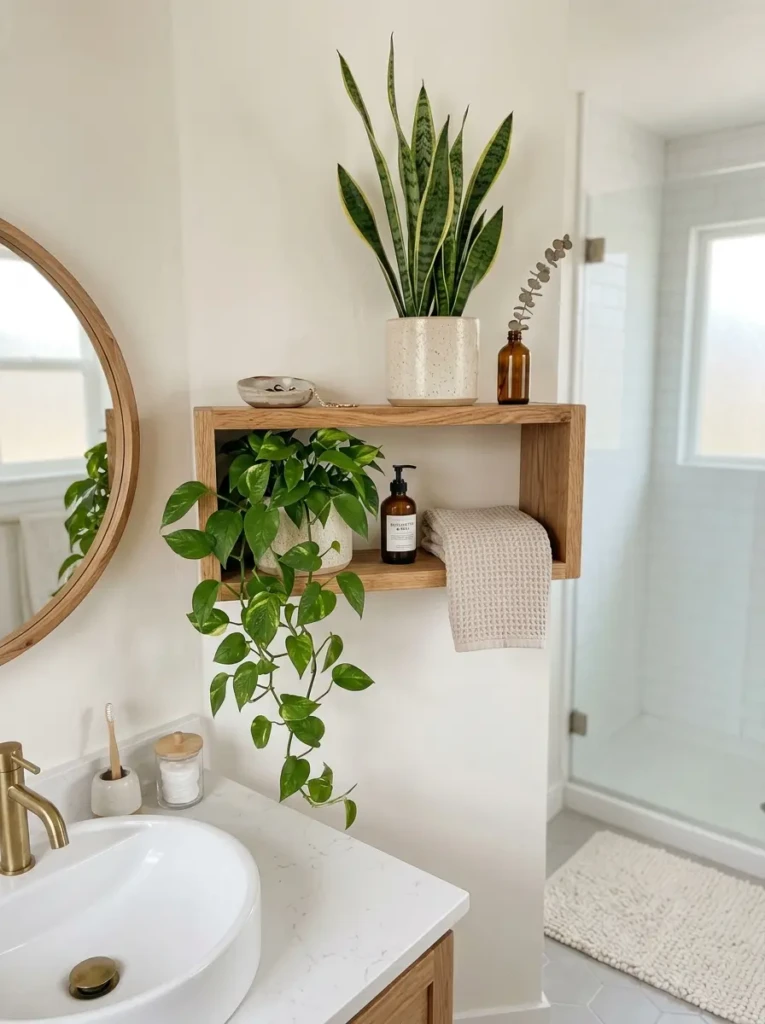 Snake plant and pothos arranged on shelves in a clean and minimal bathroom