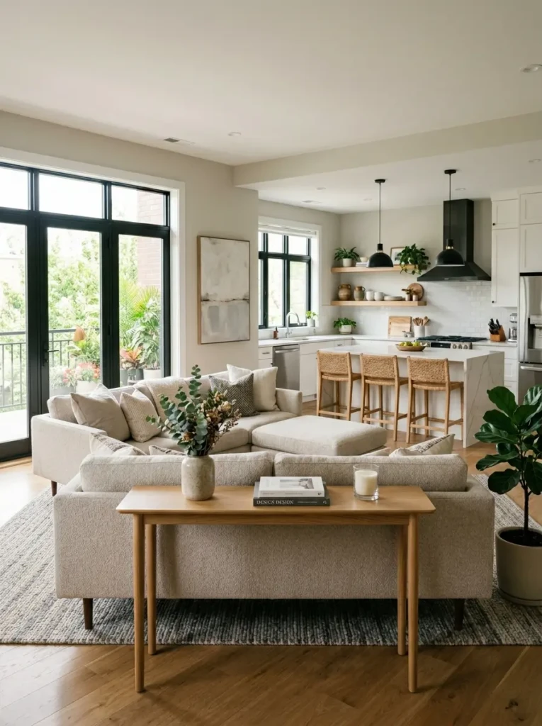 Modern low-back sofa with cushions and console table in open concept space with visible kitchen behind.